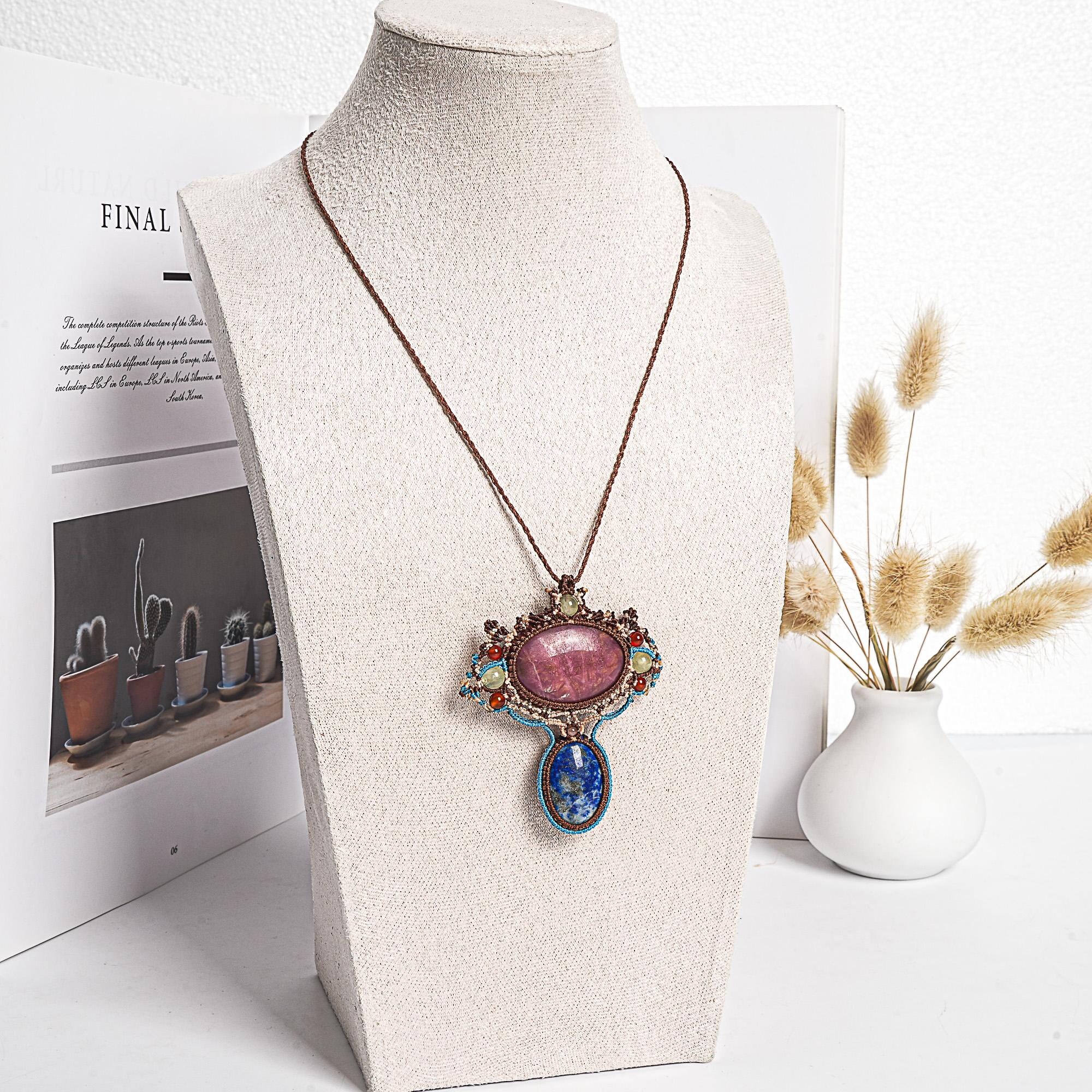 Pink Rhodochrosite Macrame Necklace Genuine Natural Grade Aaa Rhodochrosite Necklace Gemstone Neckalce(95917)