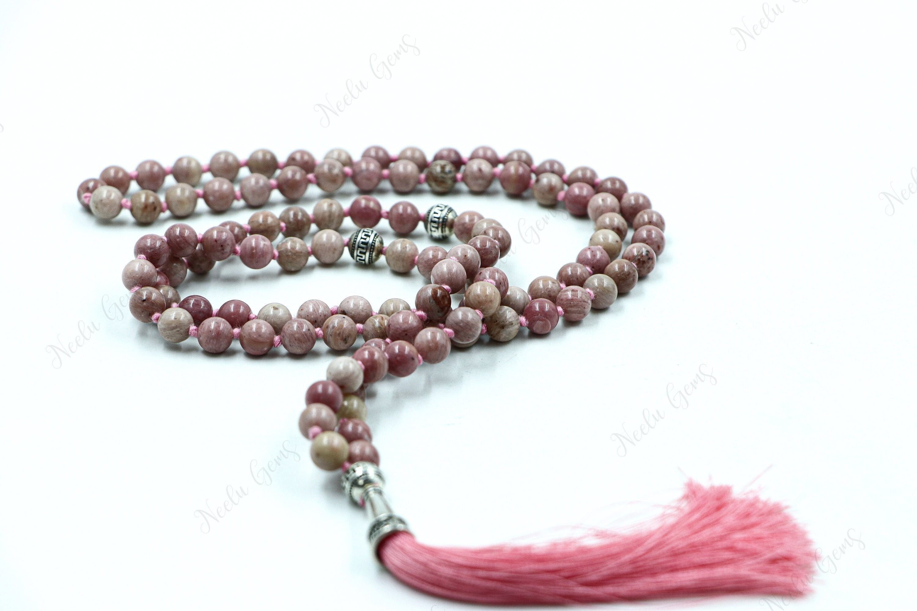 Pink Rhodochrosite Mala Necklace 108 Beads Hand Knotted - Inner Child Healing Prayer Beads - Compassion & Love Yoga Jewelry Zen Gift