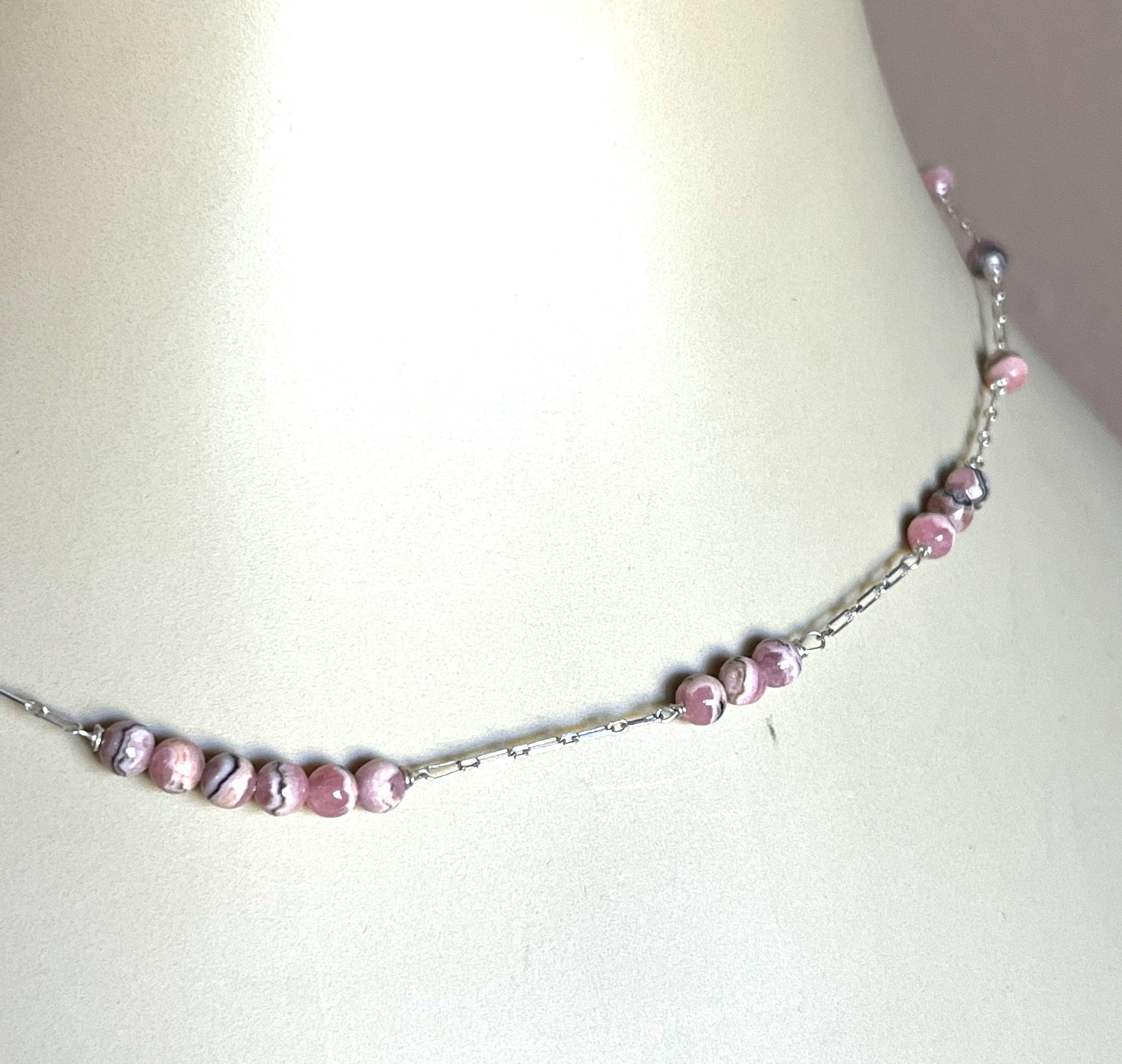 Pink Rhodochrosite Stones Station Necklace, Natural Rhodochrosite 4mm Beads, Sterling Silver Chain, Aaa Grade Stones