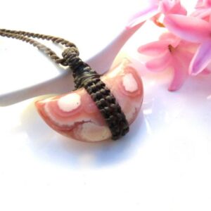 Rhodocrosite moon macrame necklace rhodocrosite gemstone meaning 50th birthday gift ideas for her celestial gift,