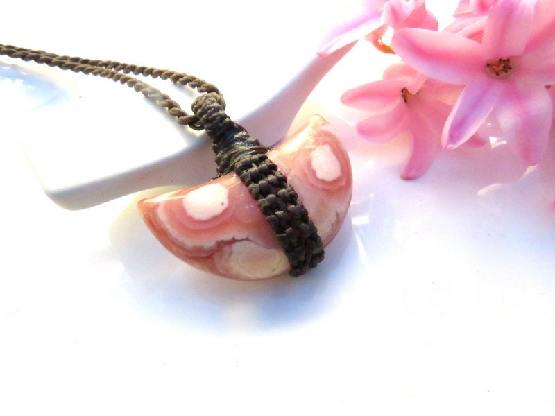 Rhodocrosite Moon Macrame Necklace Rhodocrosite Gemstone Meaning 50th Birthday Gift Ideas For Her Celestial Gift,