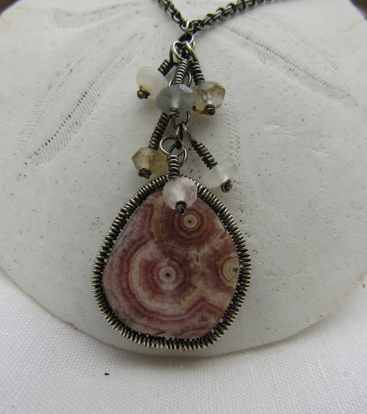 Rhodochrosite Stalactite Sterling Silver Necklace With Gemstone Dangles