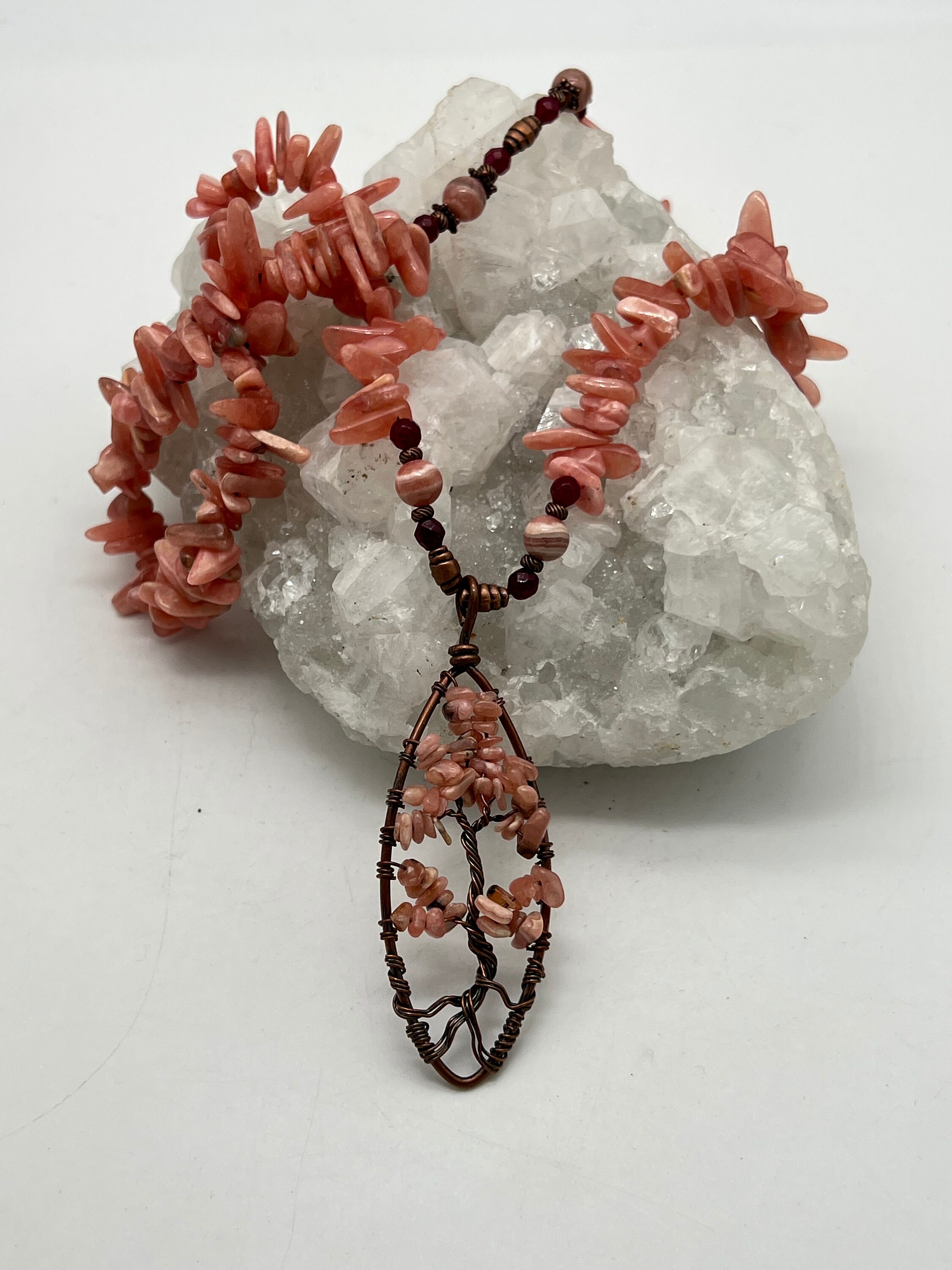Rhodochrosite Tree Of Life Beaded Necklace-25”