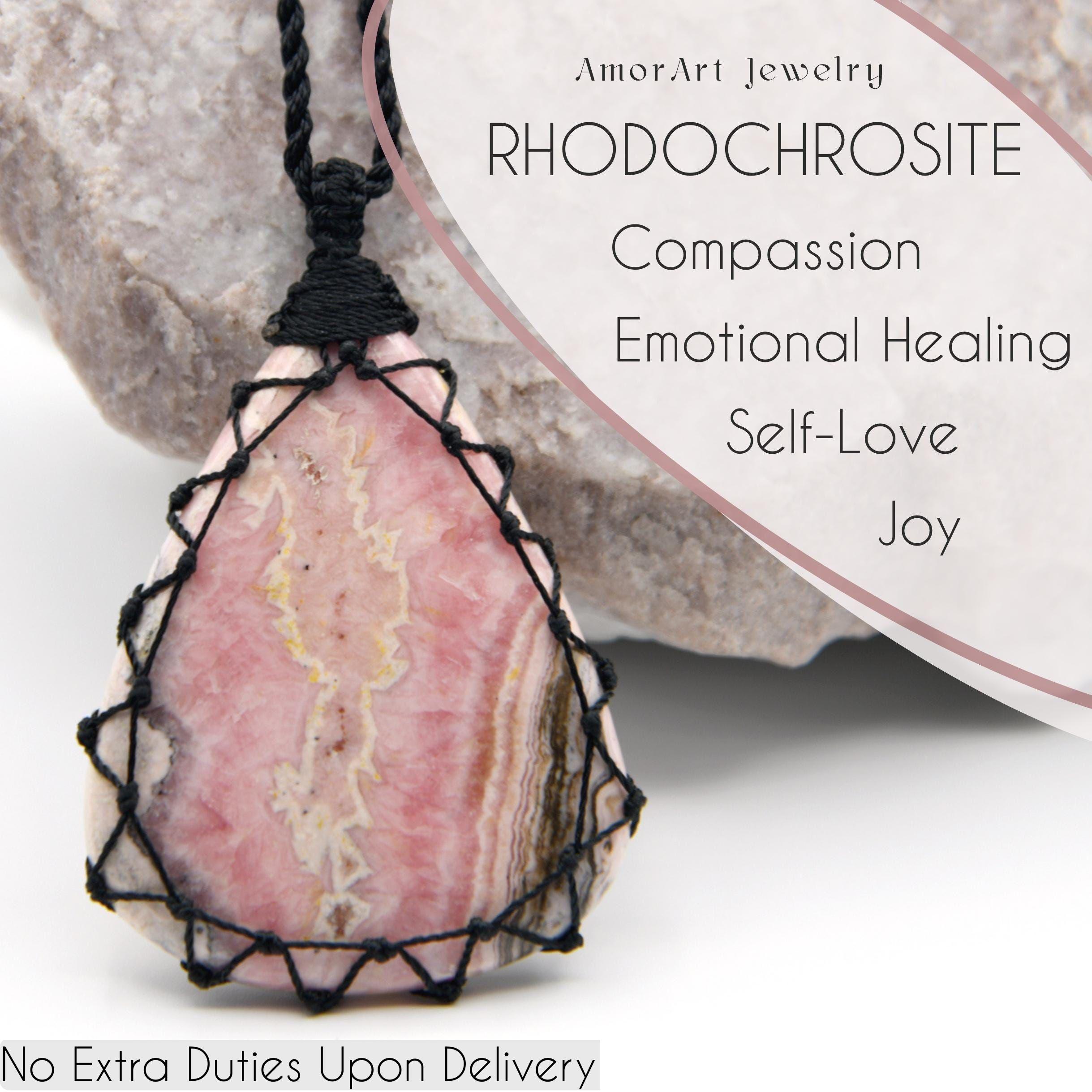 Rhodochrosite Necklace, Women's Necklace, Blush Pink Necklace, Mother's Day Romantic Wife Gift, Pink Crystal Jewelry, Macramé Gem Necklace