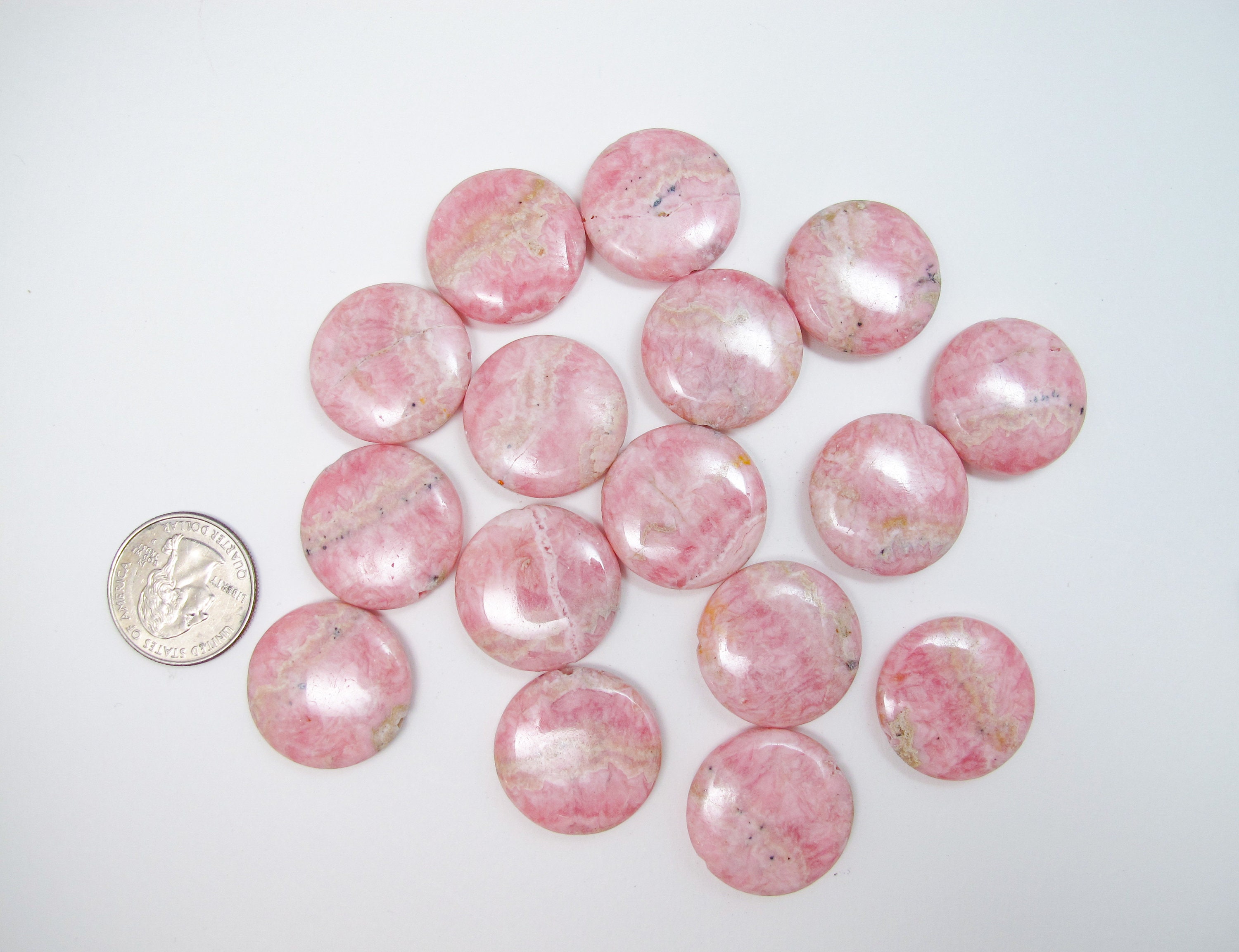 Genuine Pink Rhodochrosite Coin Beads 20 Mm/25mm Pink Coin Beads. Rare Designer Stone. Focal Piece. Vintage Stock From 2000'