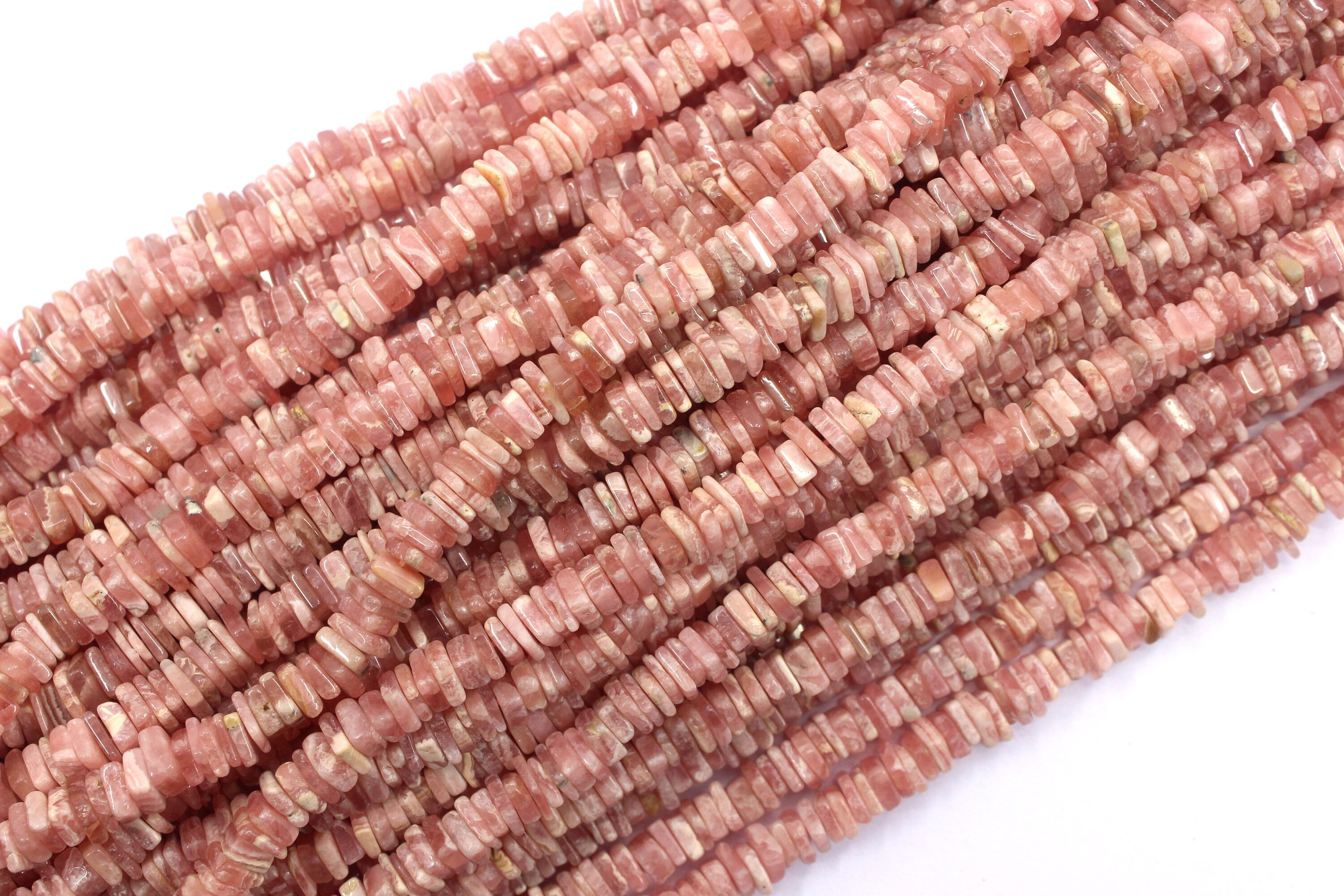 Rhodochrosite Heishi Beads: 4-5mm Square Gemstone, 16" Strand