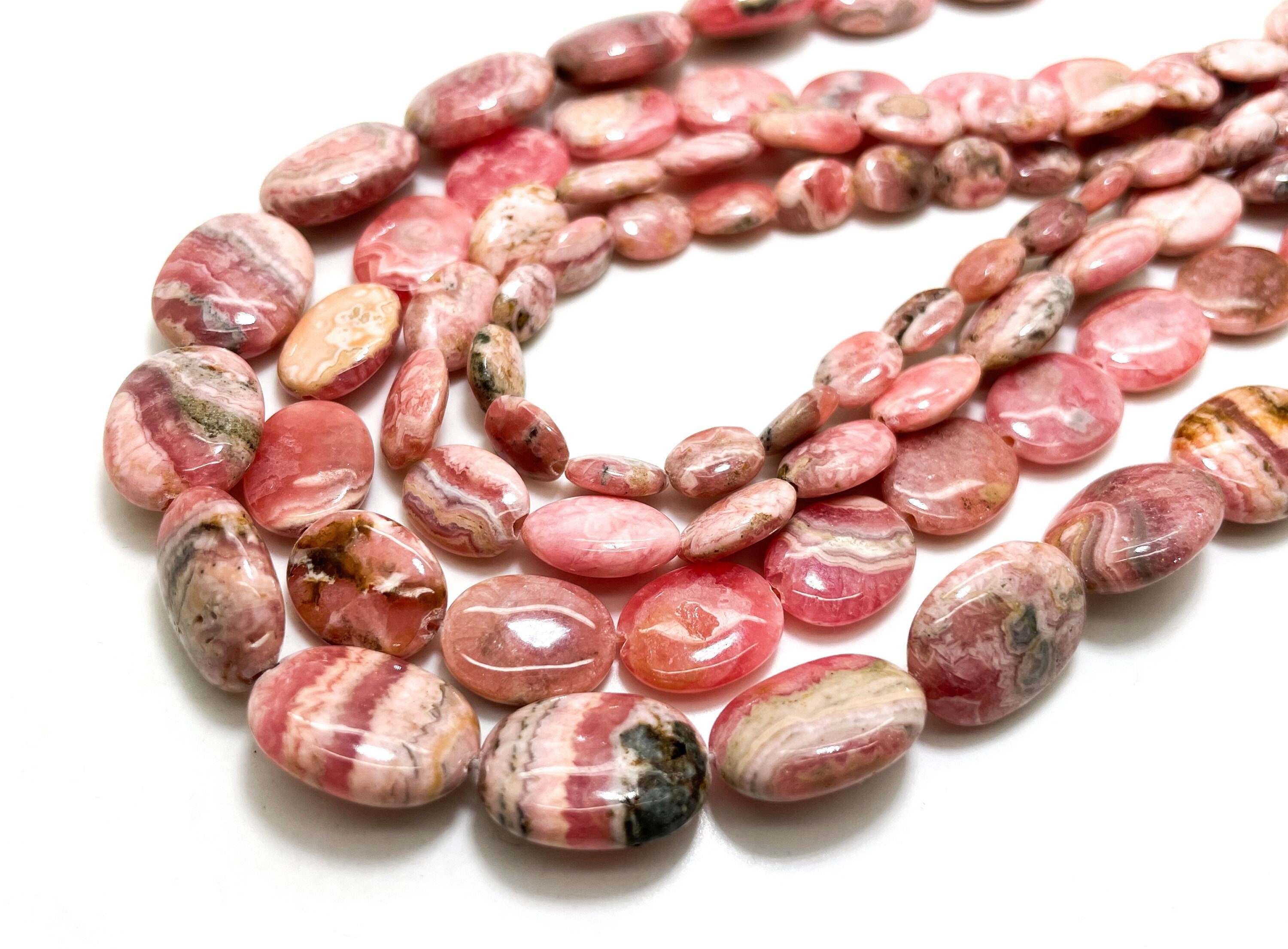 Natural Rhodochrosite Beads, Pink Rhodochrosite Polished Smooth Flat Oval Gemstone Beads - Pg127a
