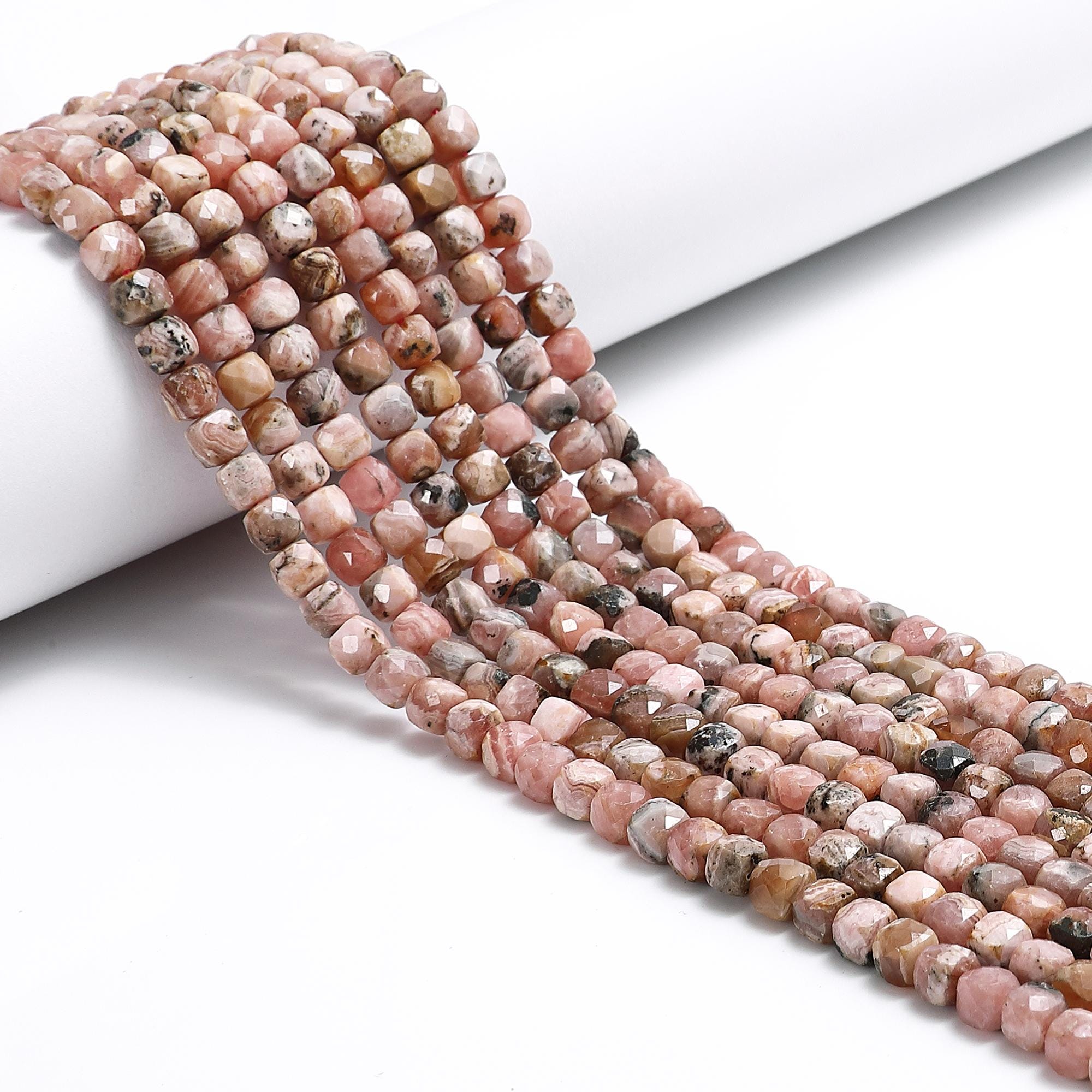 Natural Rhodochrosite Faceted Cube Beads Size 4mm 15.5'' Strand Natural Rhodochrosite Faceted Cube Beads Size 4mm 15.5'' Strand