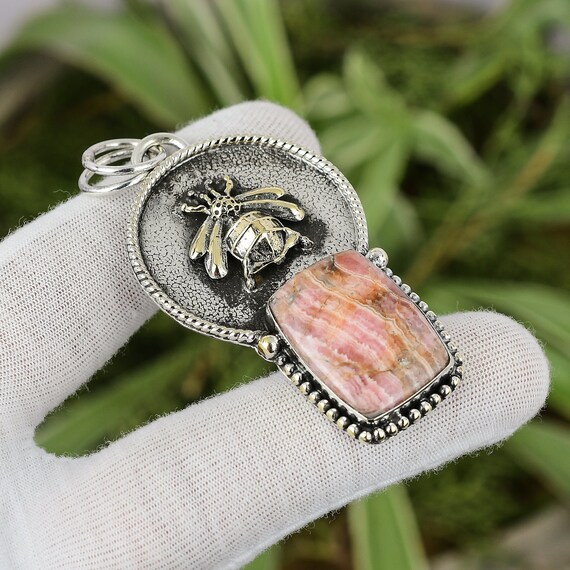 Rhodochrosite Bee Pendant: 925 Sterling Silver, 18k Gold Plated