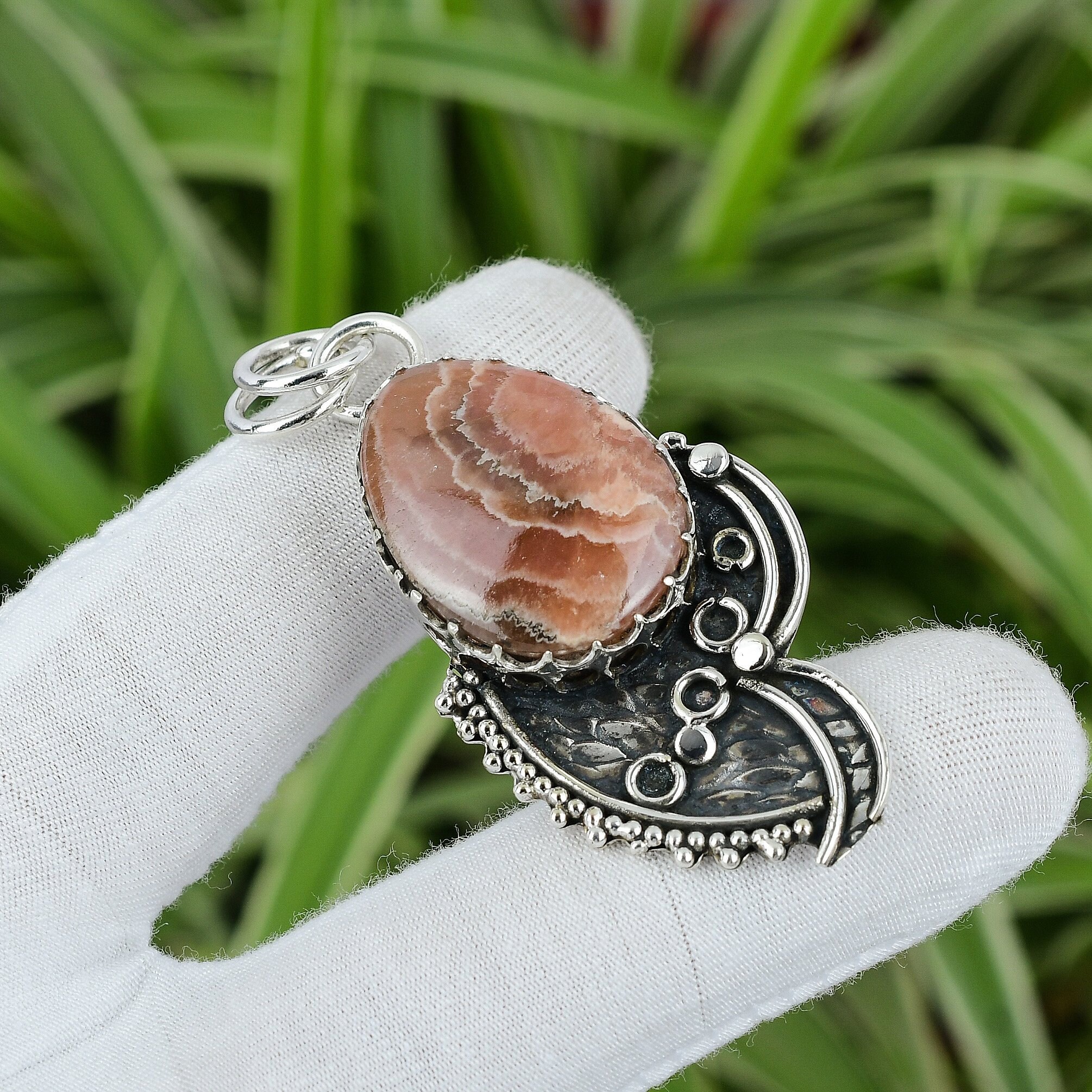 Handmade Rhodochrosite Pendant: 925 Sterling Silver Gemstone Jewelry