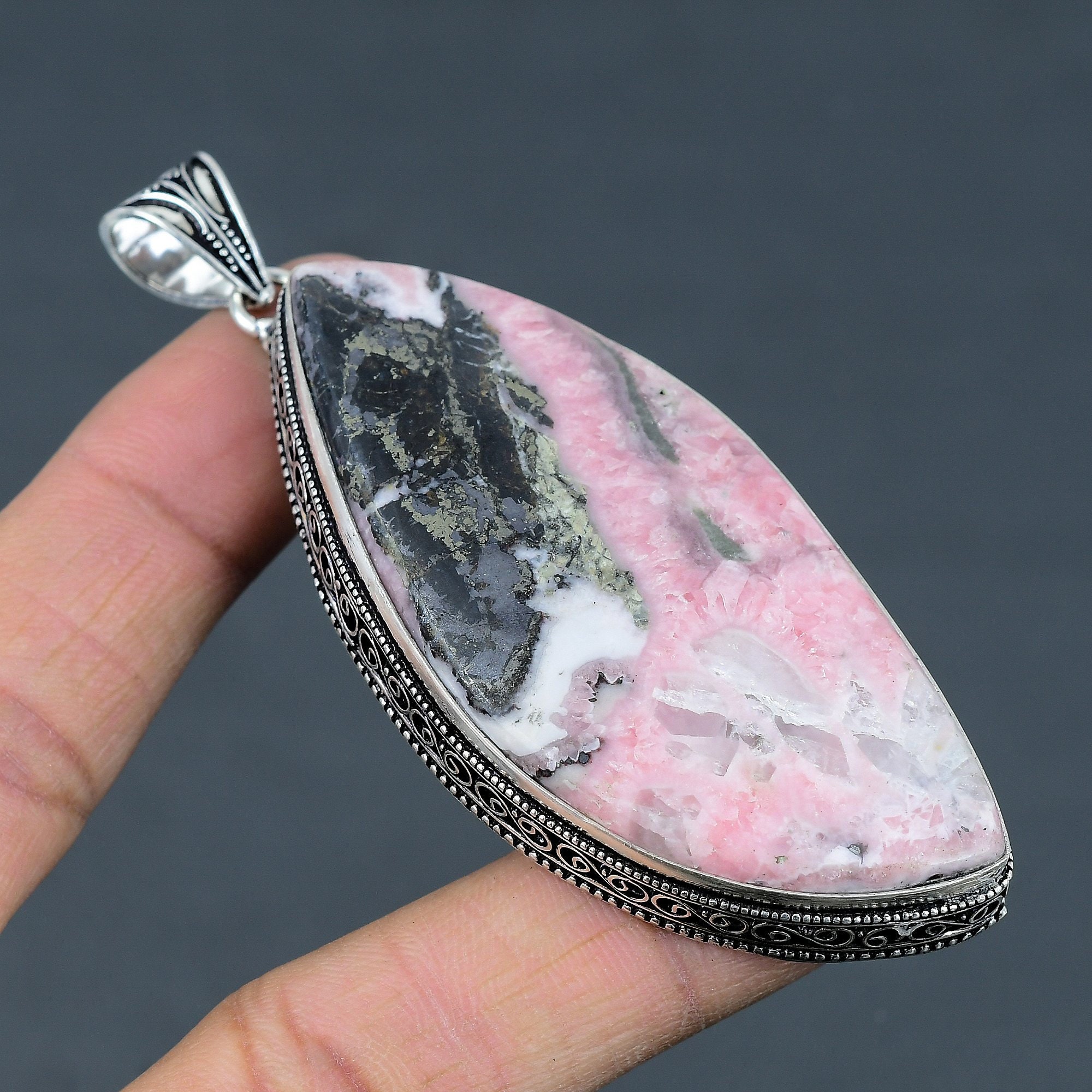 Handmade Rhodochrosite 925 Sterling Silver Pendant: Vintage Gemstone Jewelry