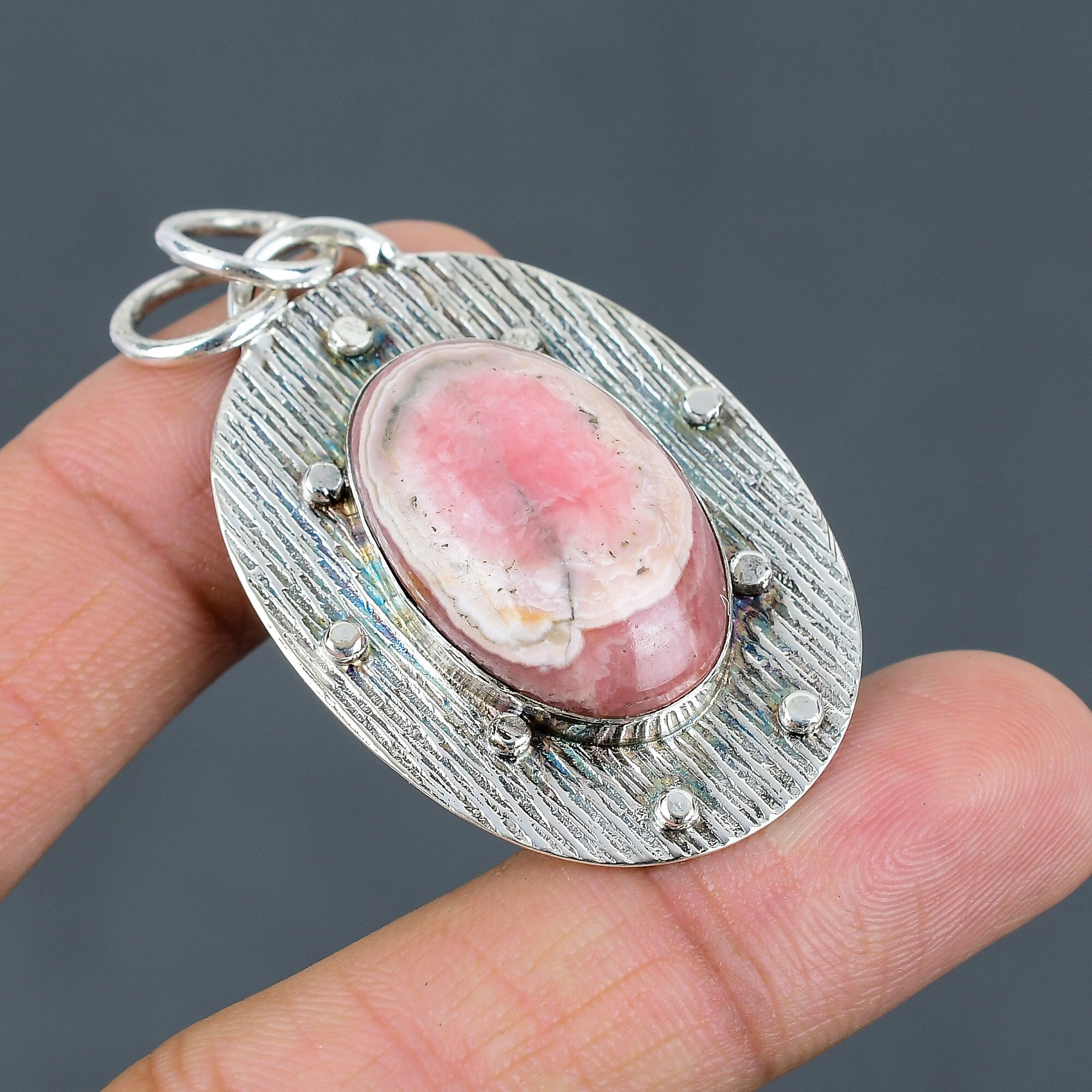 Handmade Rhodochrosite Pendant: 925 Sterling Silver Ethnic Jewelry