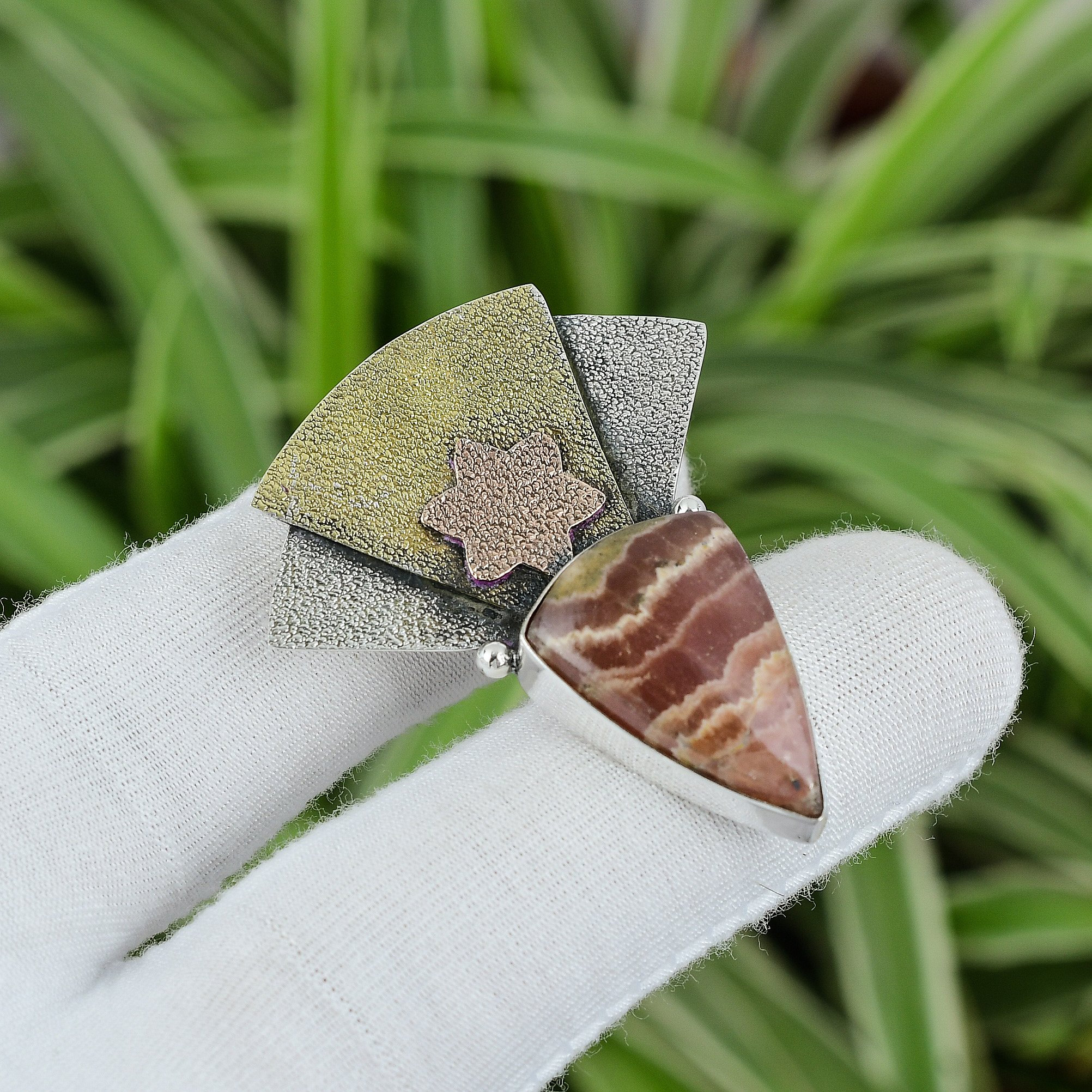 Handmade Rhodochrosite Pendant: 925 Sterling Silver, 18k Gold Plated