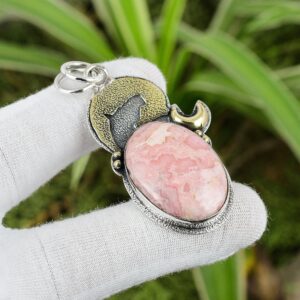Handmade Rhodochrosite Pendant: 925 Sterling Silver, 18K Gold Plated Handmade Rhodochrosite Pendant: 925 Sterling Silver, 18K Gold Plated