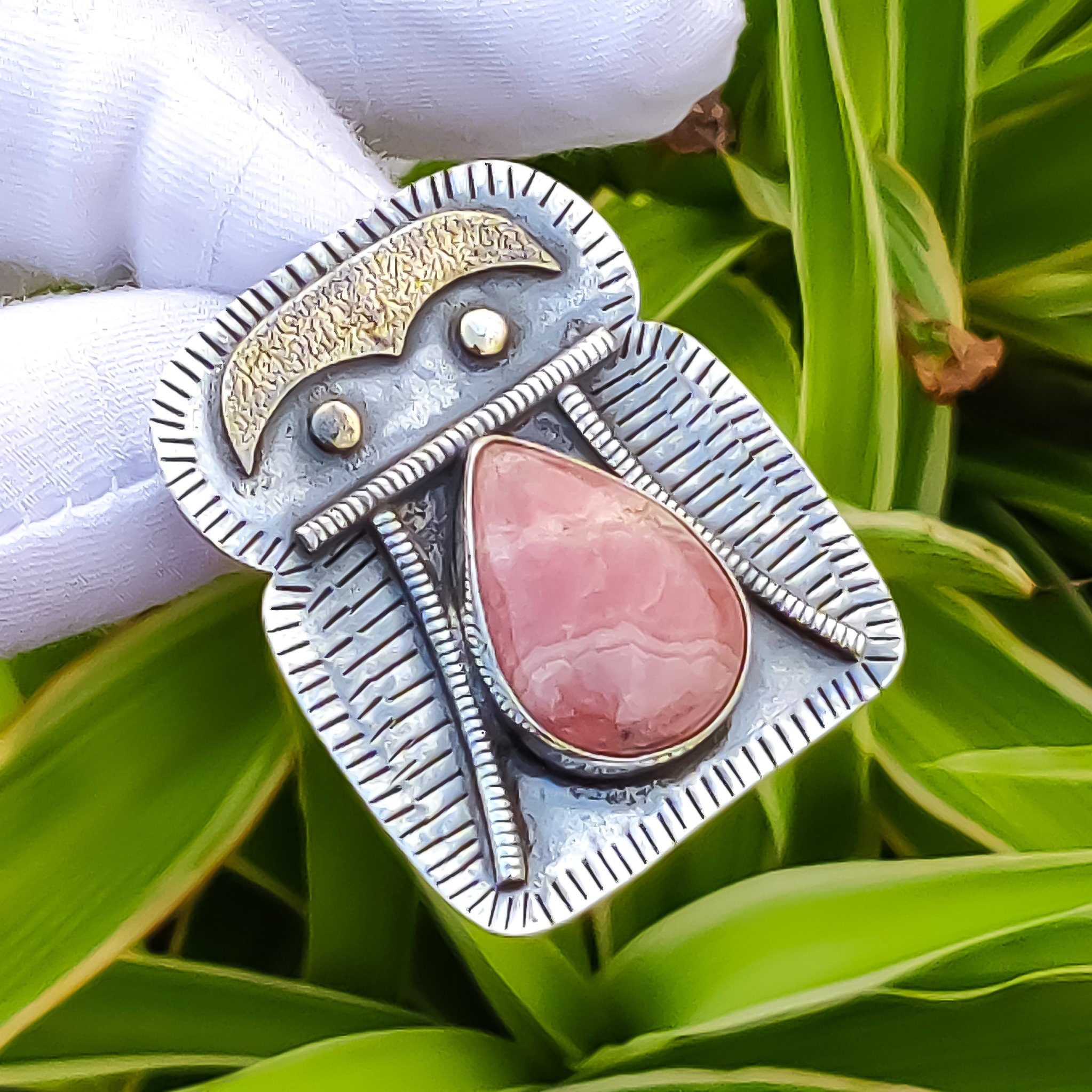 Handmade Rhodochrosite Pendant: 925 Sterling Silver, 18k Gold Plated