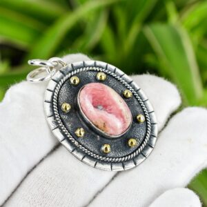 Handmade Rhodochrosite Pendant: 925 Sterling Silver, 18K Gold Plated Handmade Rhodochrosite Pendant: 925 Sterling Silver, 18K Gold Plated