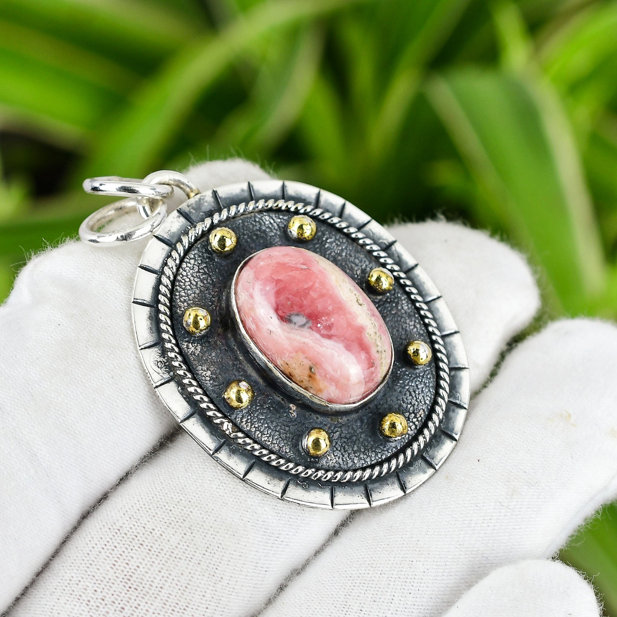 Handmade Rhodochrosite Pendant: 925 Sterling Silver, 18k Gold Plated