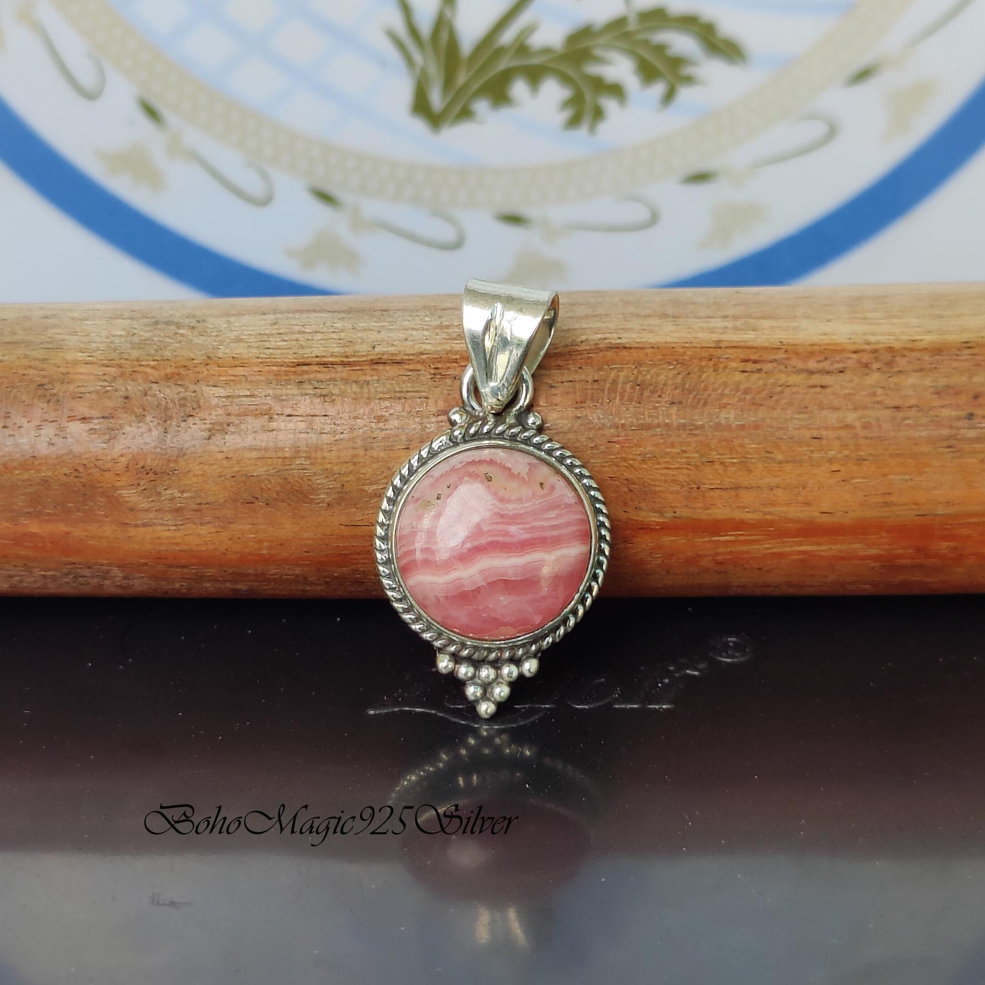 Handmade Rhodochrosite Pendant: 925 Sterling Silver Boho Necklace