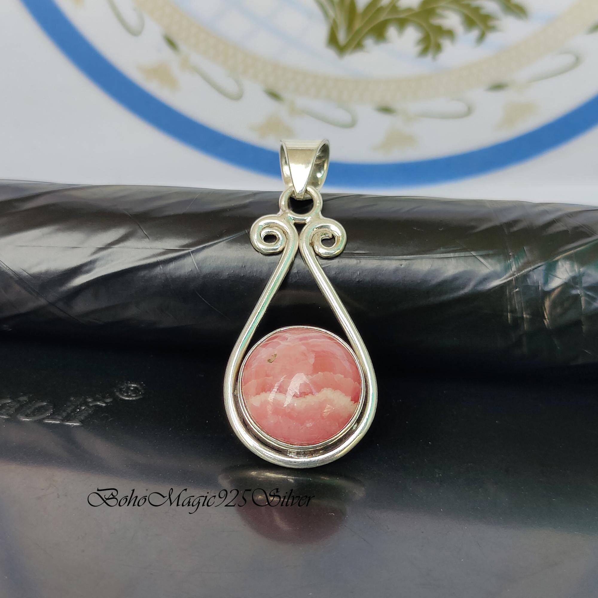 Handmade Rhodochrosite 925 Sterling Silver Pendant: Boho Gemstone Jewelry