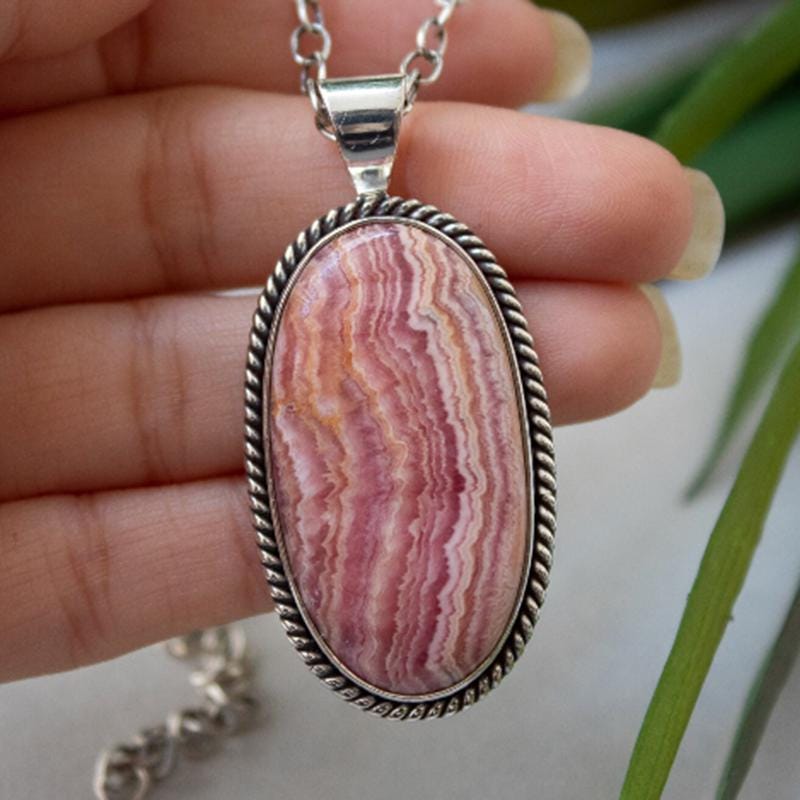 Handmade Rhodochrosite Pendant: 925 Sterling Silver Necklace