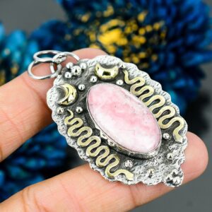 Handmade Rhodochrosite Pendant: 925 Sterling Silver, 18K Gold Plated Handmade Rhodochrosite Pendant: 925 Sterling Silver, 18K Gold Plated