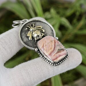 Handmade Rhodochrosite Pendant: 925 Sterling Silver, 18K Gold Bee Handmade Rhodochrosite Pendant: 925 Sterling Silver, 18K Gold Bee