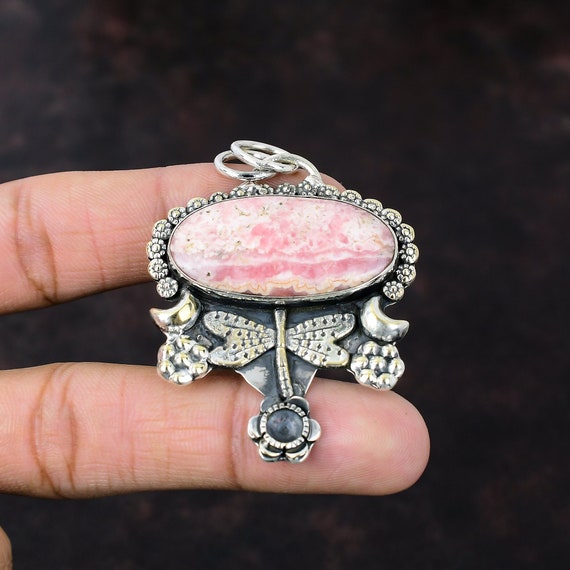 Handmade Rhodochrosite Dragonfly Pendant: Boho Sterling Silver Jewelry