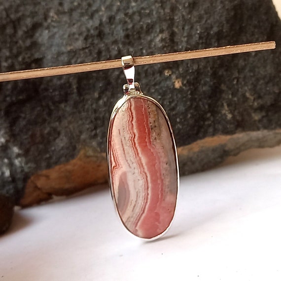 Handmade Rhodochrosite Pendant: Oval Pink Gemstone, 925 Sterling Silver