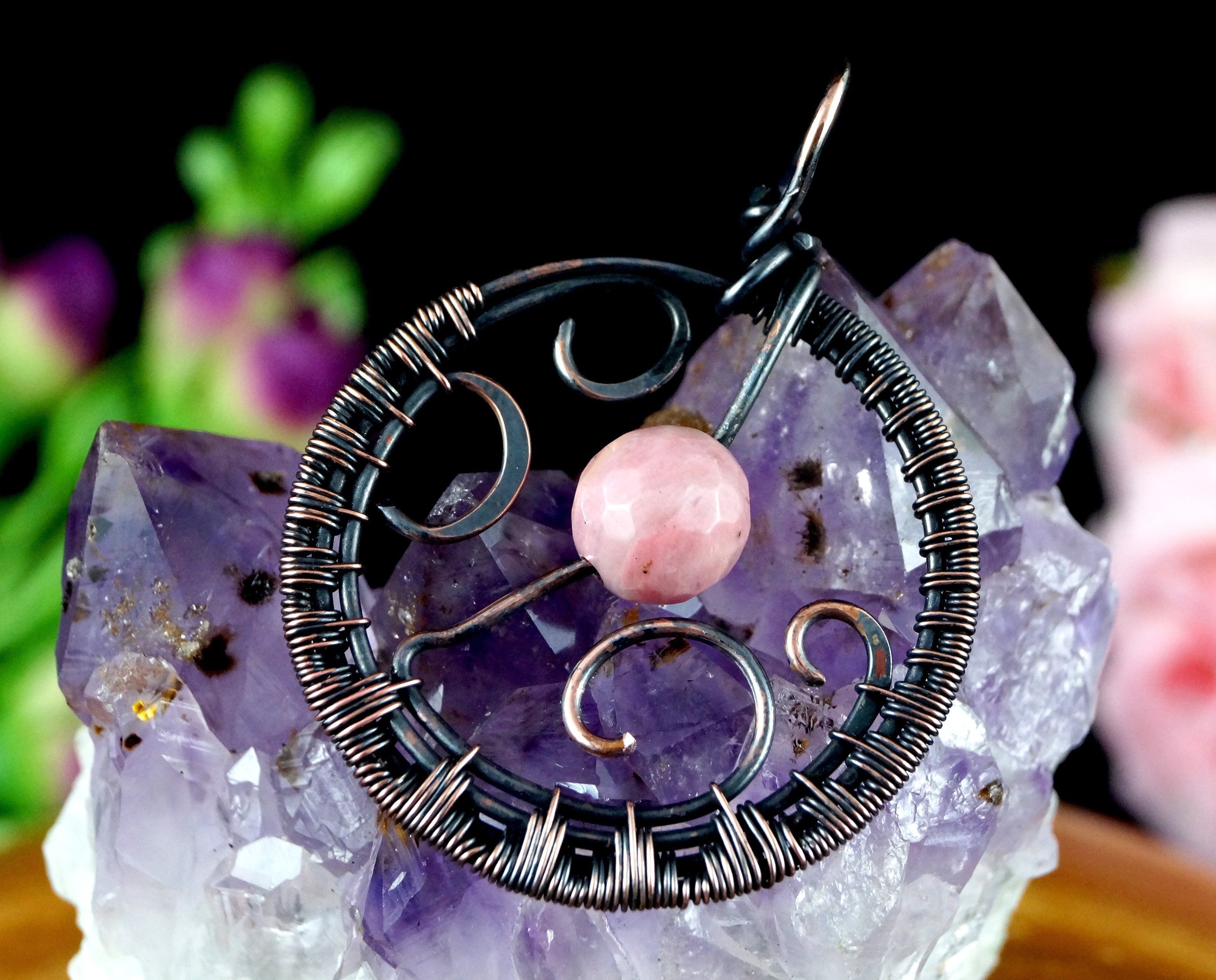 Handmade Patinated Copper Pendant, Rhodochrosite Bead, Artisan Jewelry