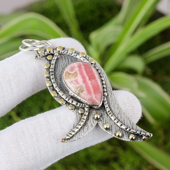 Handmade Rhodochrosite Pear Pendant: 925 Sterling Silver, 18k Gold Plated