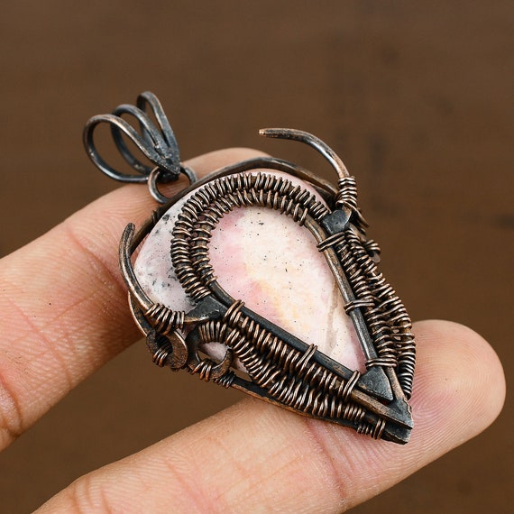 Handmade Rhodochrosite Pear Pendant: Copper Wire Wrapped Jewelry