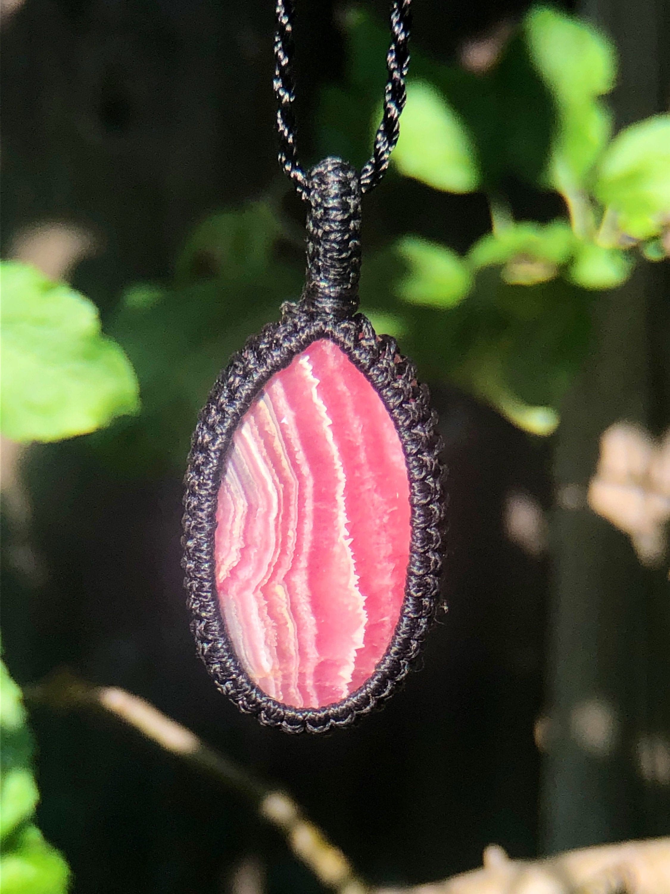 Rhodochrosite Necklace For Women, Rhodochrosite Pendant Necklace, Pink Stone Necklace, Macrame Gemstone Pendant, Macrame Stone Necklace