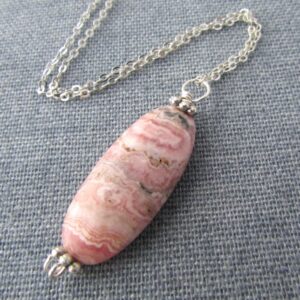 Rhodochrosite Pendant, Polished Pink Rhodochrosite Necklace, Silver Chain Rhodochrosite Pendant, Polished Pink Rhodochrosite Necklace, Silver Chain