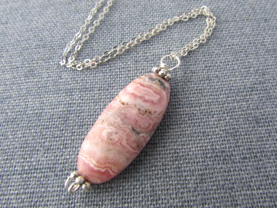 Rhodochrosite Pendant, Polished Pink Rhodochrosite Necklace, Silver Chain