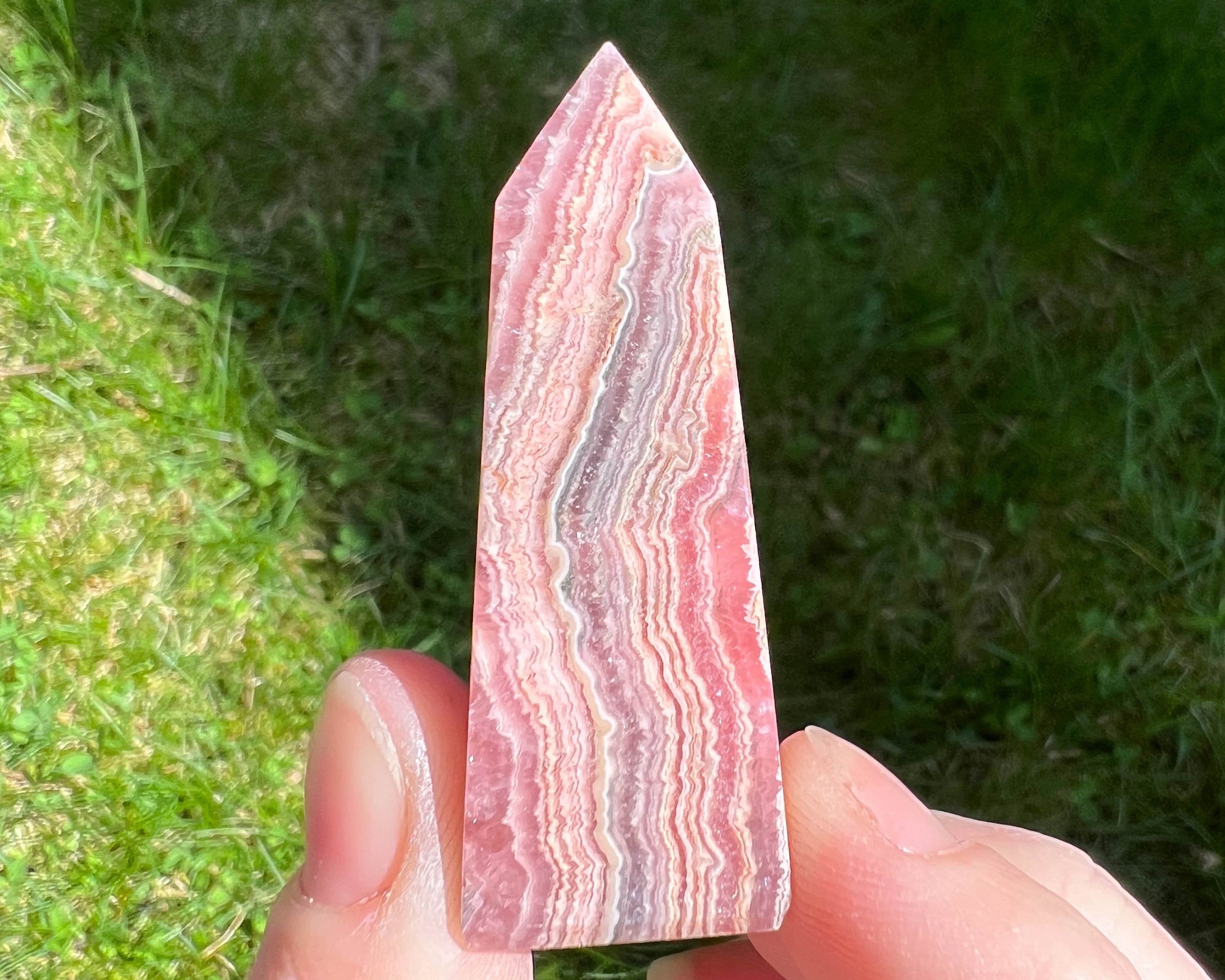 2.1 In Rhodochrosite Tower, Pink Banded Gemstone Point, Polished Crystal  #3