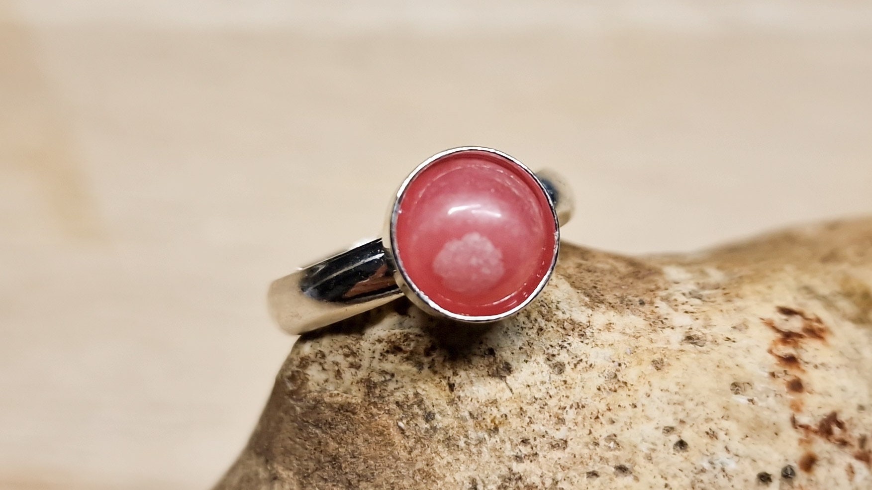 Rhodochrosite Ring. 925 Sterling Silver. Reiki Jewelry. Handmade Jewelry Uk. Pink Women's Adjustable Stacking Ring. 8mm Stone