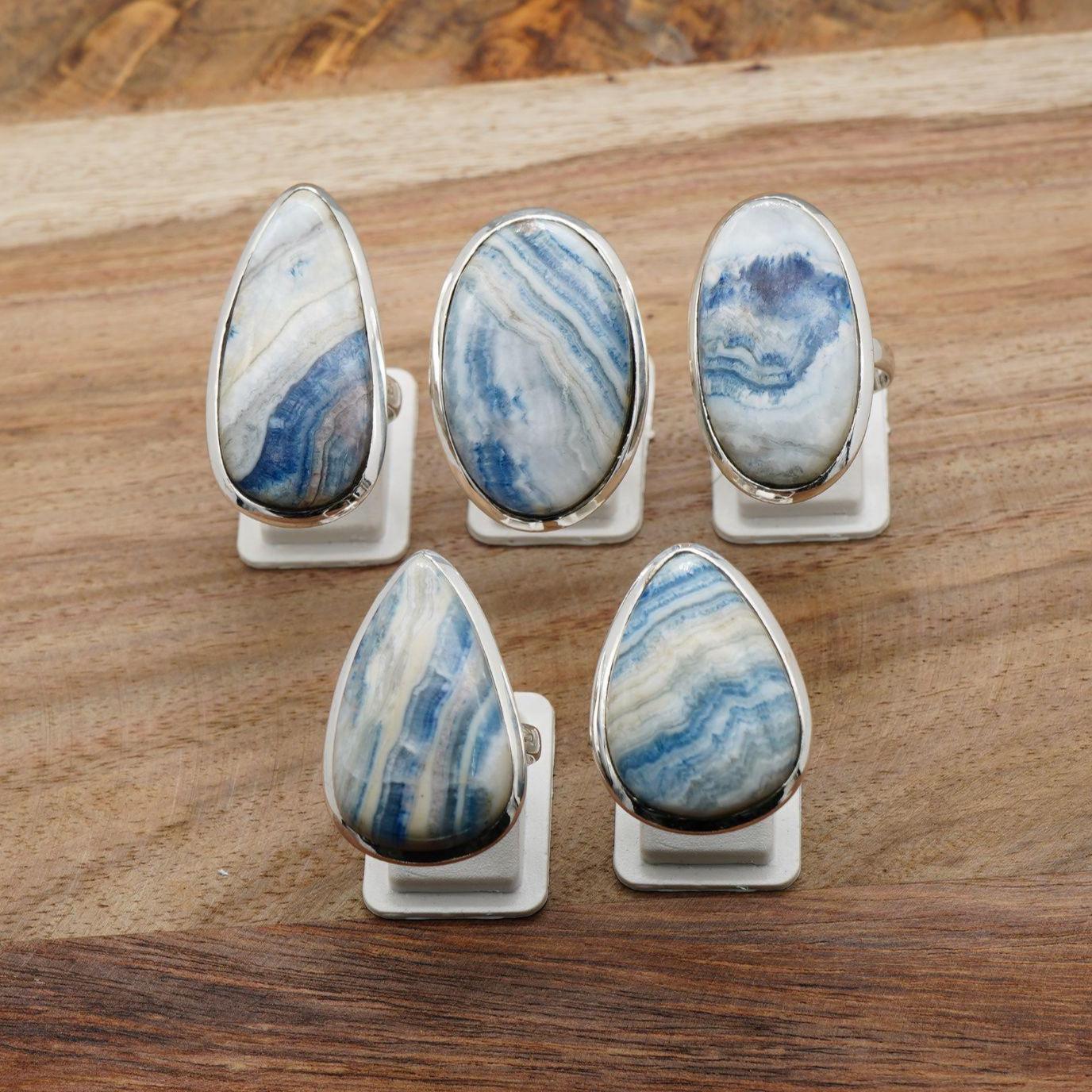 Blue Rhodochrosite Sterling Silver Ring: Teardrop Banded Crystal Statement Jewelry Blue Rhodochrosite Sterling Silver Ring: Teardrop Banded Crystal Statement Jewelry