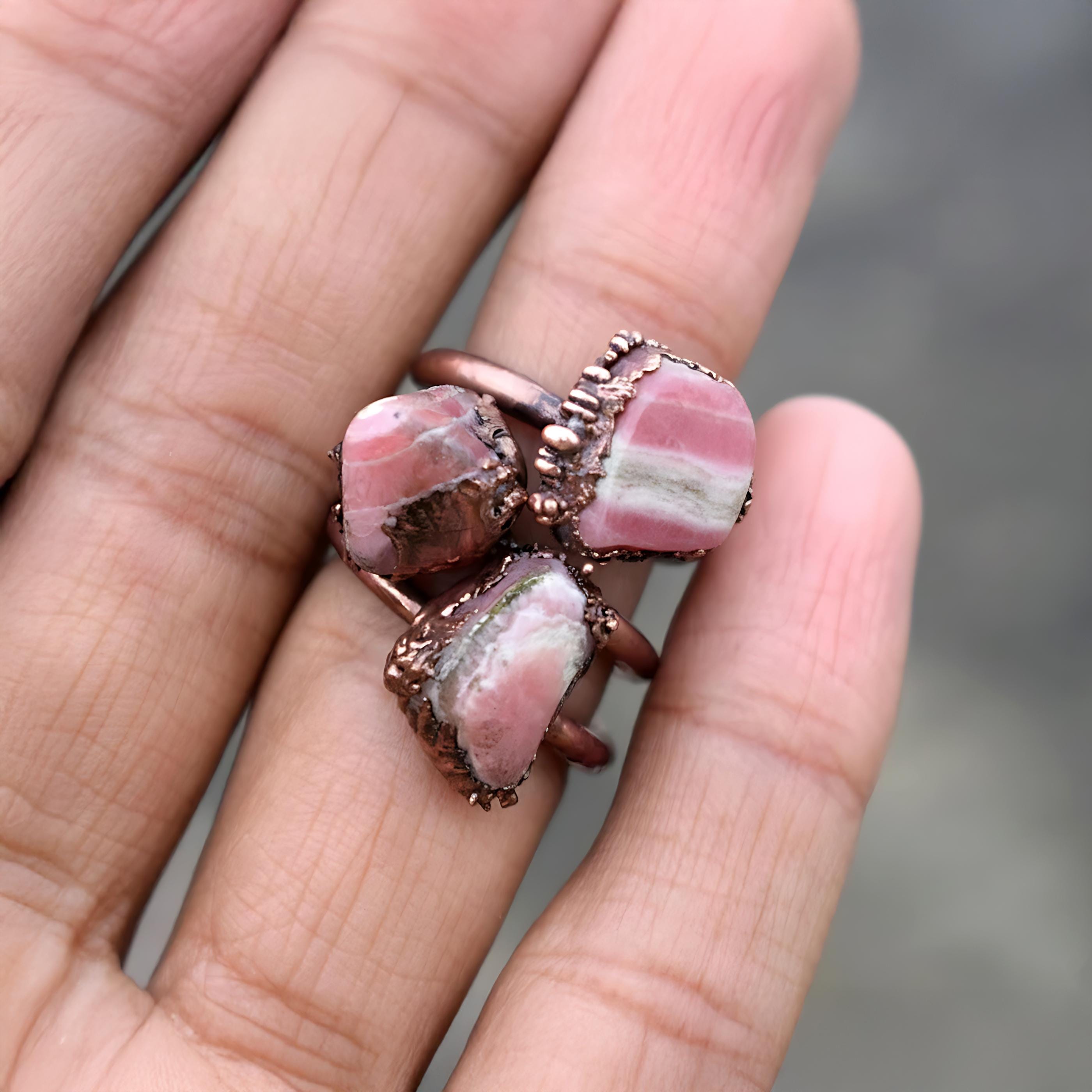 Electroformed Rhodochrosite Copper Ring, Gemstone Jewelry Electroformed Rhodochrosite Copper Ring, Gemstone Jewelry