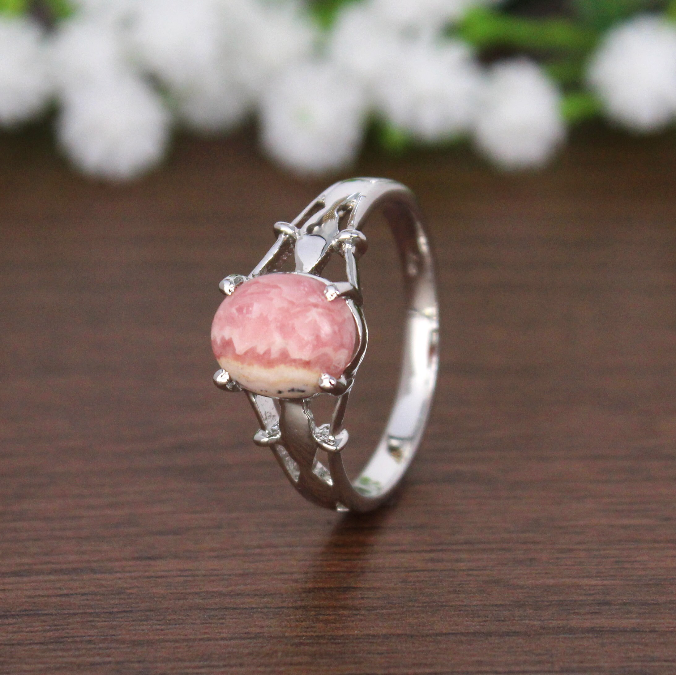 Rhodochrosite Filigree Ring, Boho Chic Ring, Unique Statement Ring, Hand Crafted Bohemian Ring, Sterling Silver Ring, Crystal Healing Ring