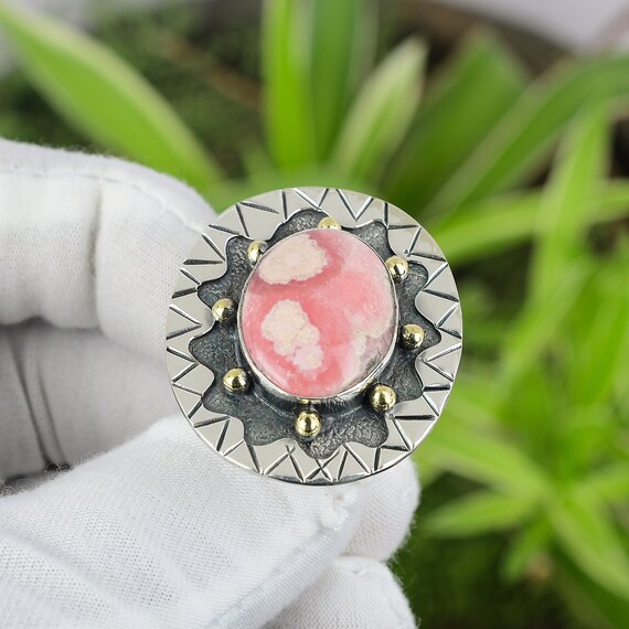 Handmade Rhodochrosite Ring: 18k Gold Plated Sterling Silver, Adjustable