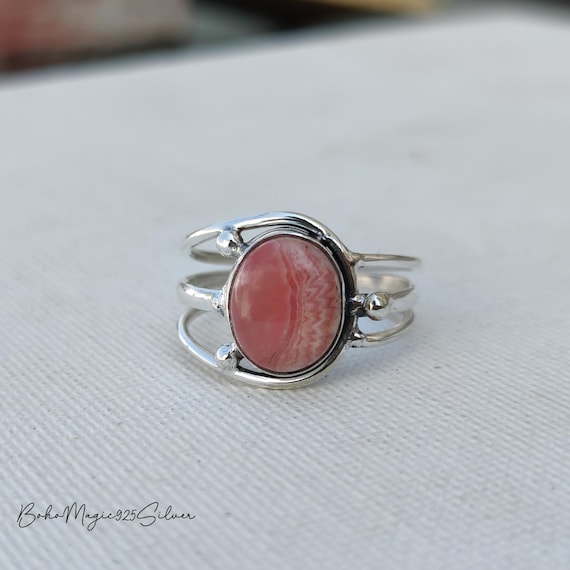 Handmade Rhodochrosite Ring: 925 Sterling Silver, 18k Gold Plated, Adjustable Statement Jewelry