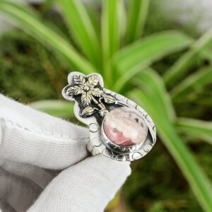 Handmade Rhodochrosite Flower Ring: 18K Gold Plated Sterling Silver, Adjustable