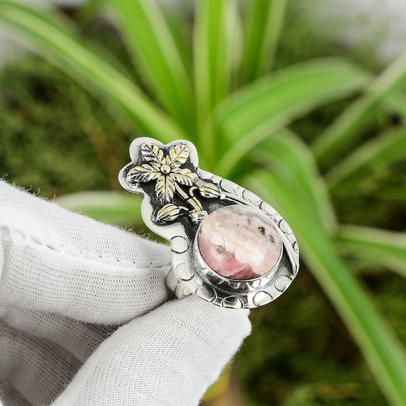 Handmade Rhodochrosite Flower Ring: 18k Gold Plated Sterling Silver, Adjustable