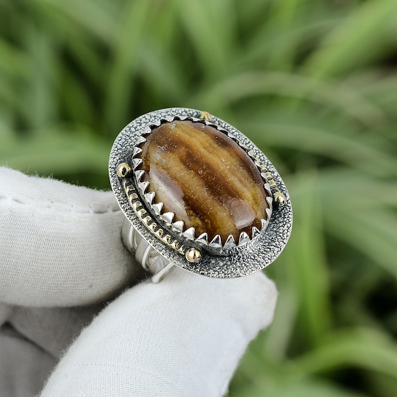 Handmade Honey Rhodochrosite Ring: 18k Gold Plated Sterling Silver, Size 7.25
