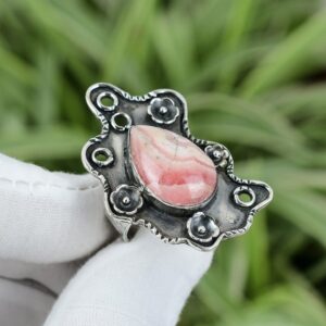 Handmade Pear Rhodochrosite Ring: Antique Sterling Silver, Size 9.25