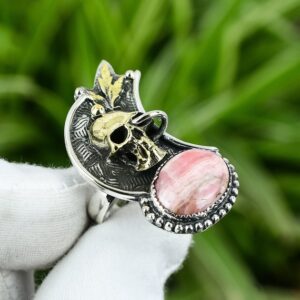 Handmade Rhodochrosite Skull Ring: Adjustable Sterling Silver