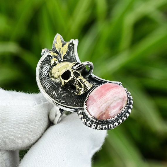 Handmade Rhodochrosite Skull Ring: Adjustable Sterling Silver Handmade Rhodochrosite Skull Ring: Adjustable Sterling Silver