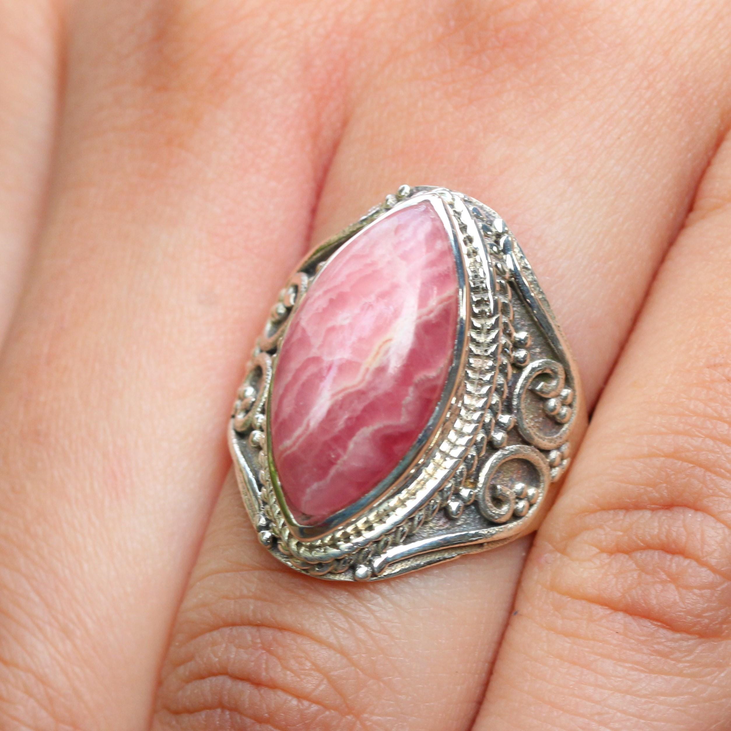 Handmade Sterling Silver Rhodochrosite Ring: Marquise Gemstone Jewelry Handmade Sterling Silver Rhodochrosite Ring: Marquise Gemstone Jewelry