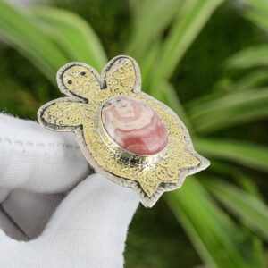 Handmade Rhodochrosite Turtle Ring: 18K Gold Plated Sterling Silver