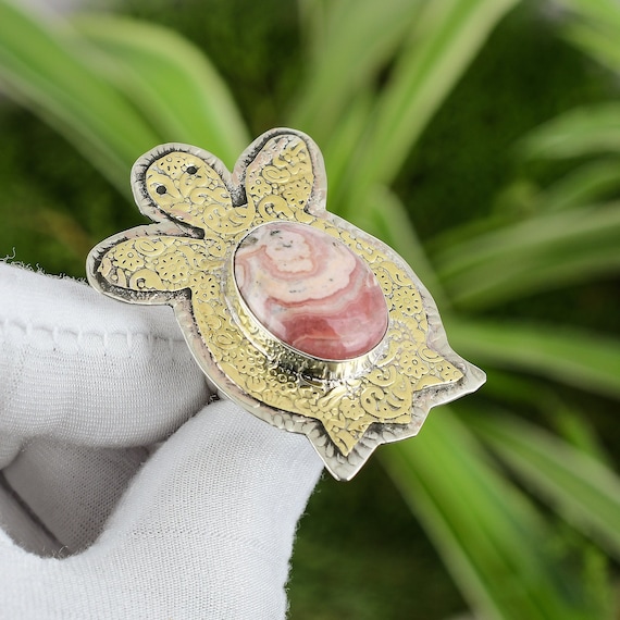 Handmade Rhodochrosite Turtle Ring: 18k Gold Plated Sterling Silver
